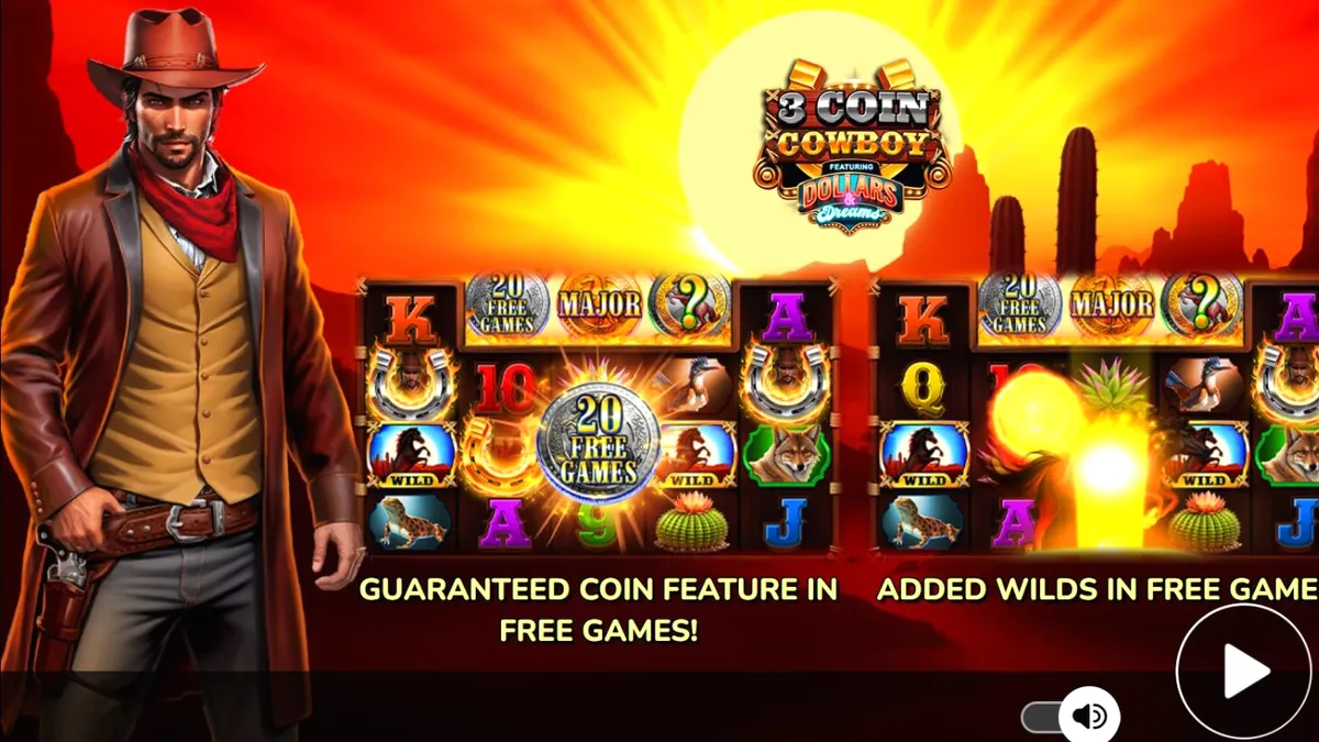Tampilan visual slot 3 Coin Cowboy Dollars & Dreams dengan latar belakang Wild West yang ikonik